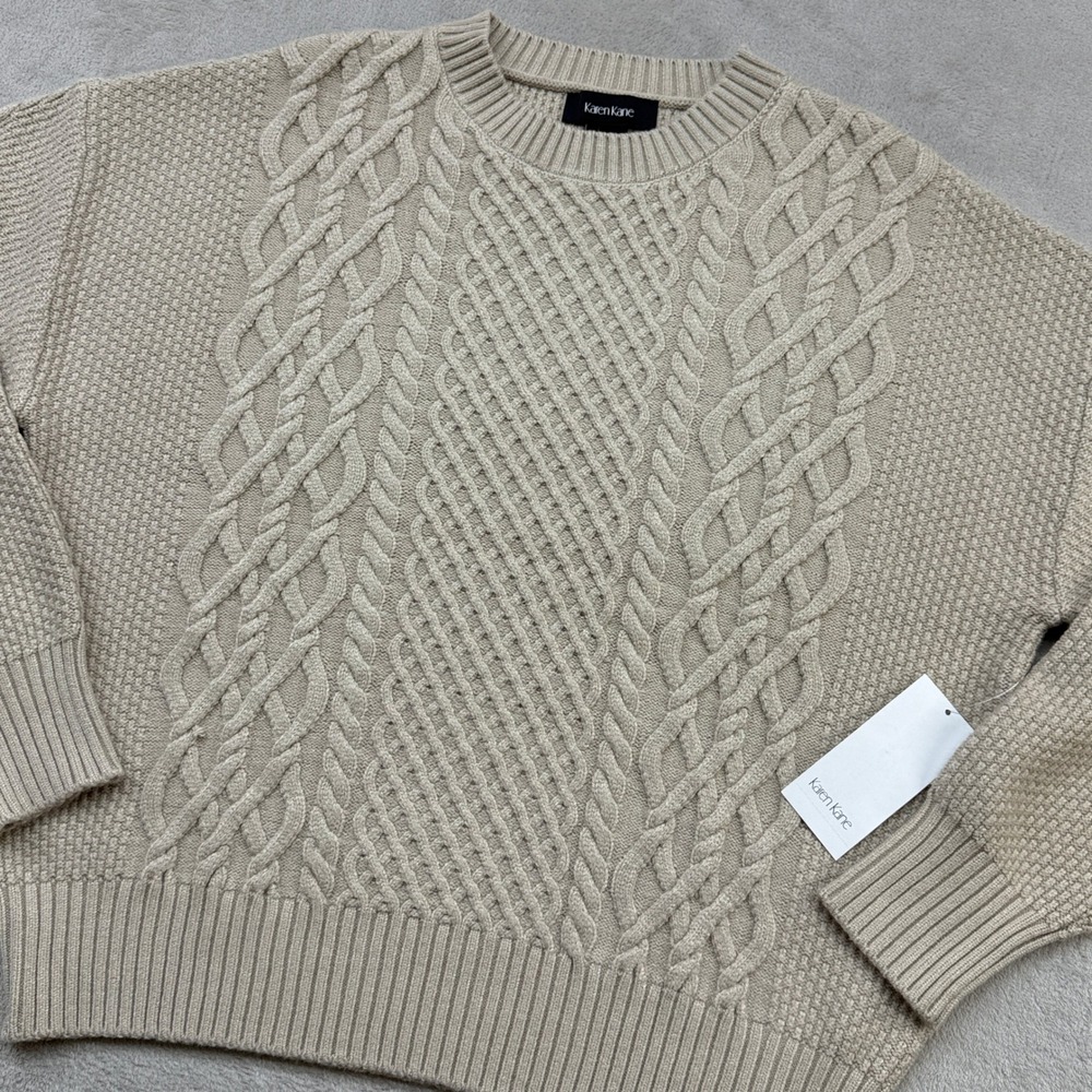 Karen Kane Cable Knit Sweater Womens L Almond Regal Girl Old Money Quiet Luxury